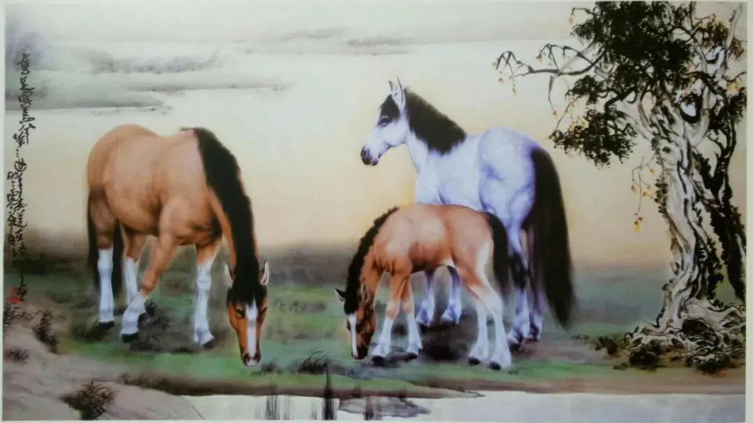 原野之春,悠闲吃草的马—国画《高足宝马兮》